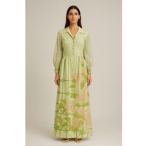 60s 70s vtg Alfred Shaheen green floral chrysanthemum long sleeve maxi dress